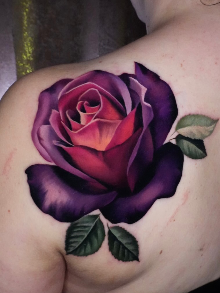 Vibrant, hyper-realistic purple rose with lush leaves