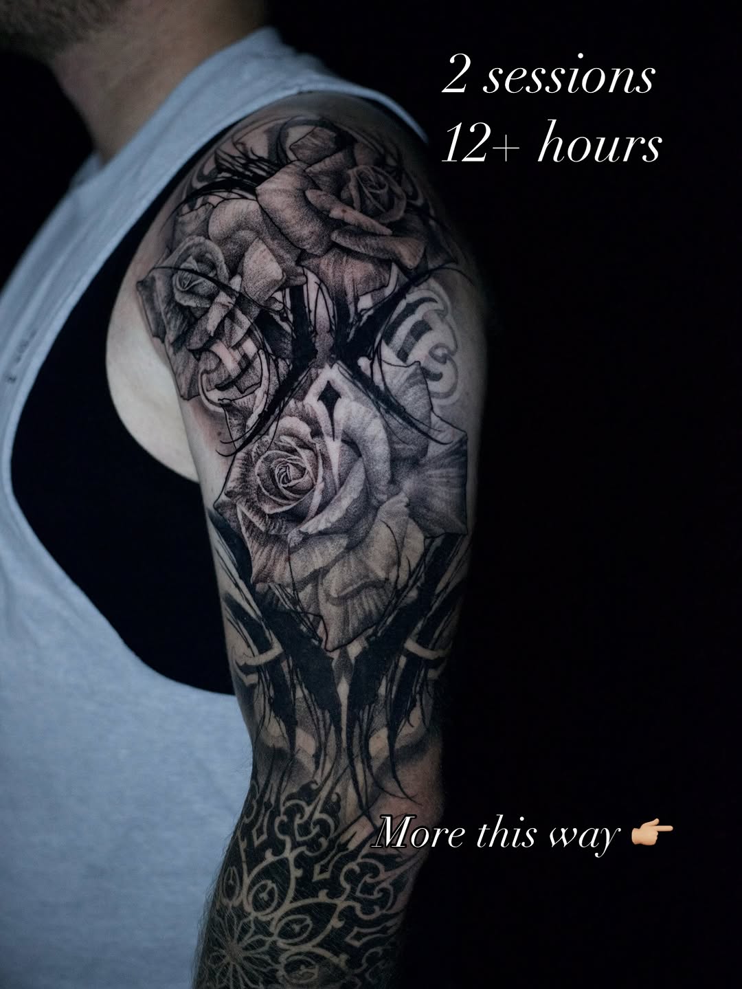 Intricate blackwork rose sleeve with sharp abstract accents