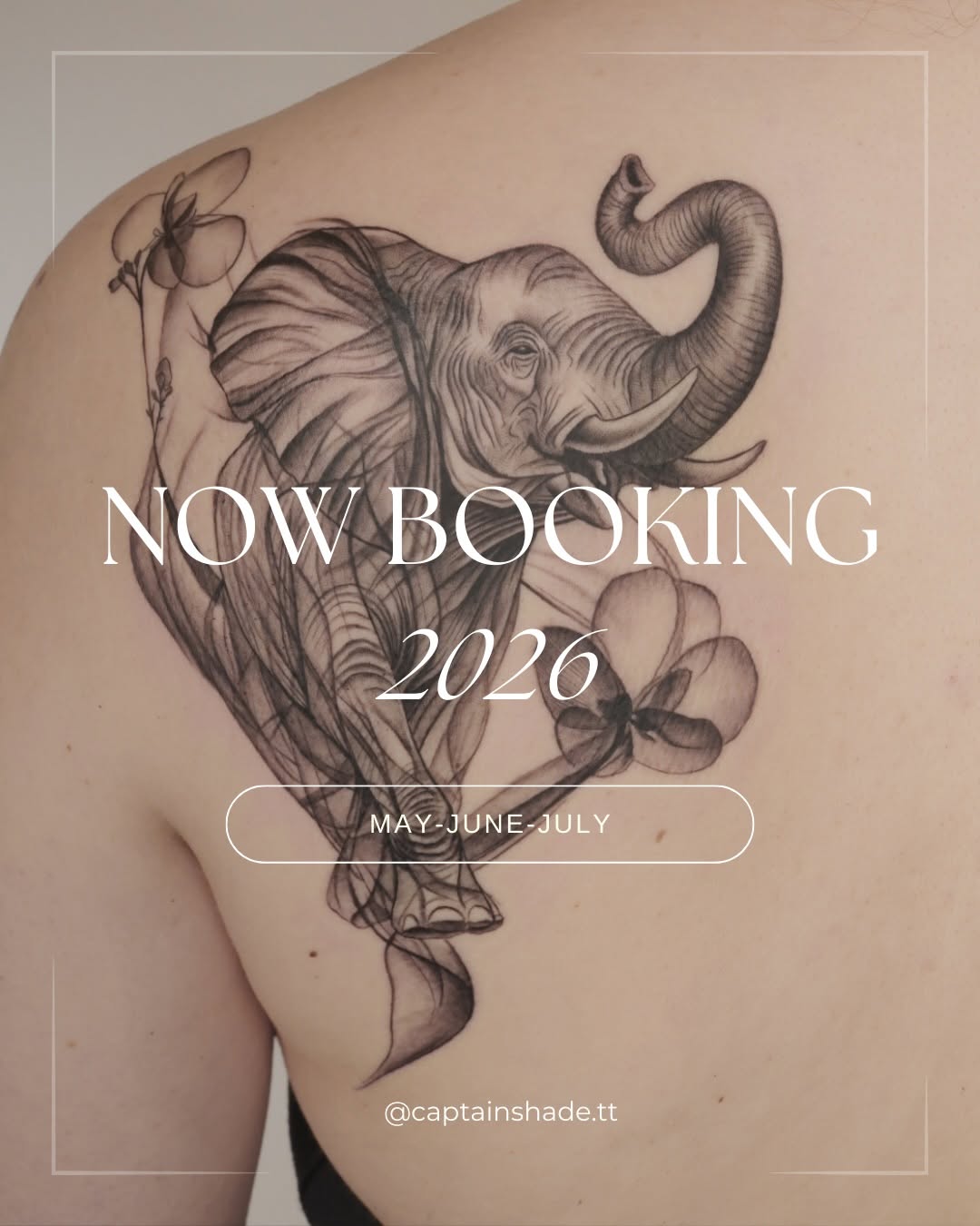 Intricate black-and-gray elephant tattoo with detailed linework on shoulder blade