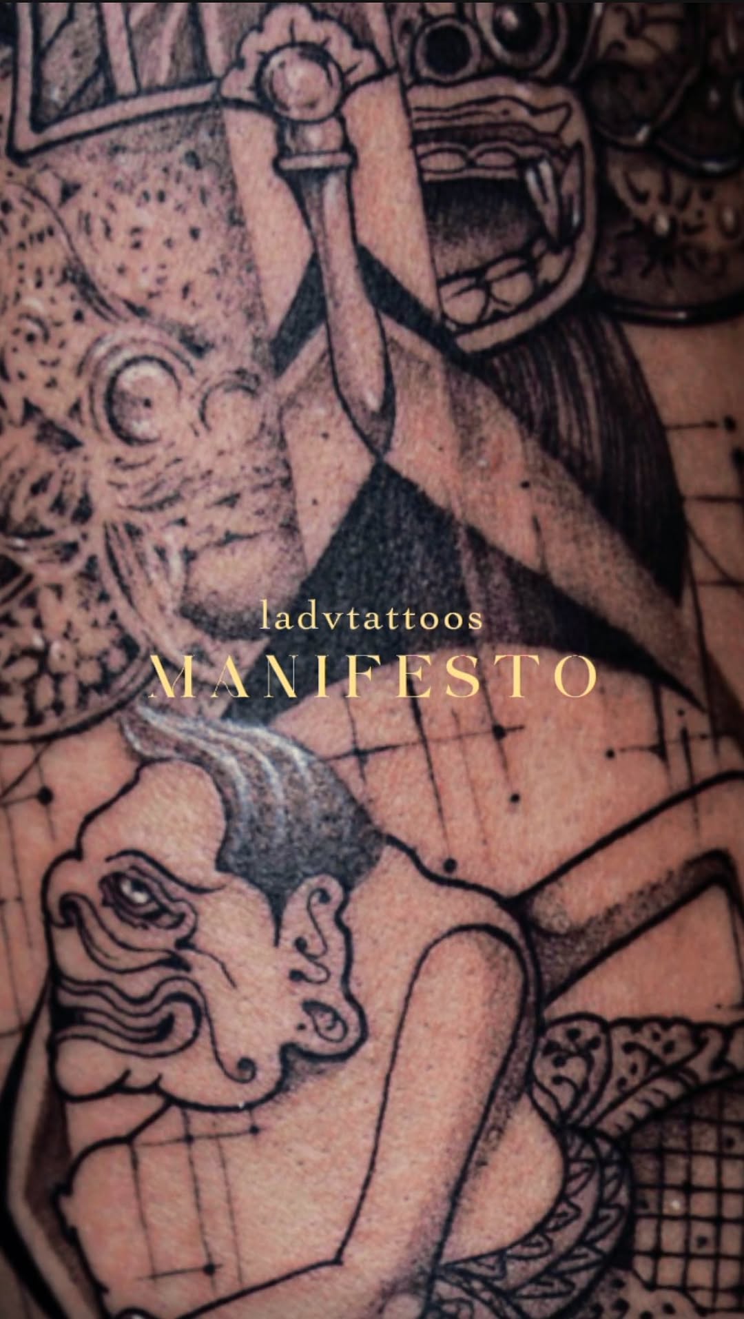 Dense blackwork collage of geometric linework and motifs.