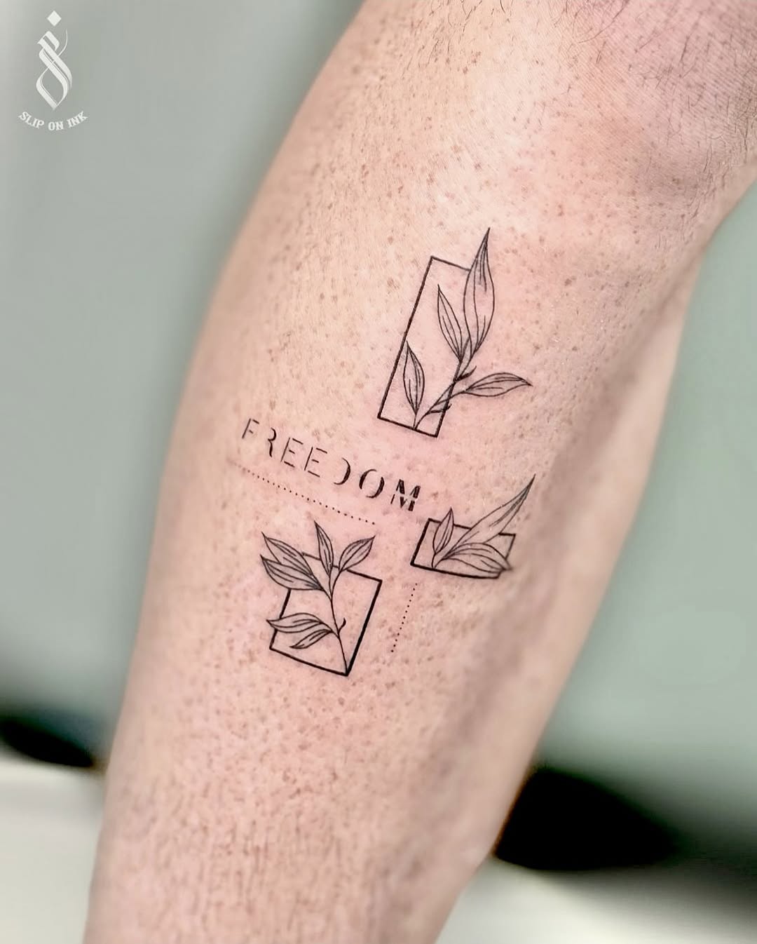 Minimalist geometric panels cradle delicate botanical leaves, FREEDOM.