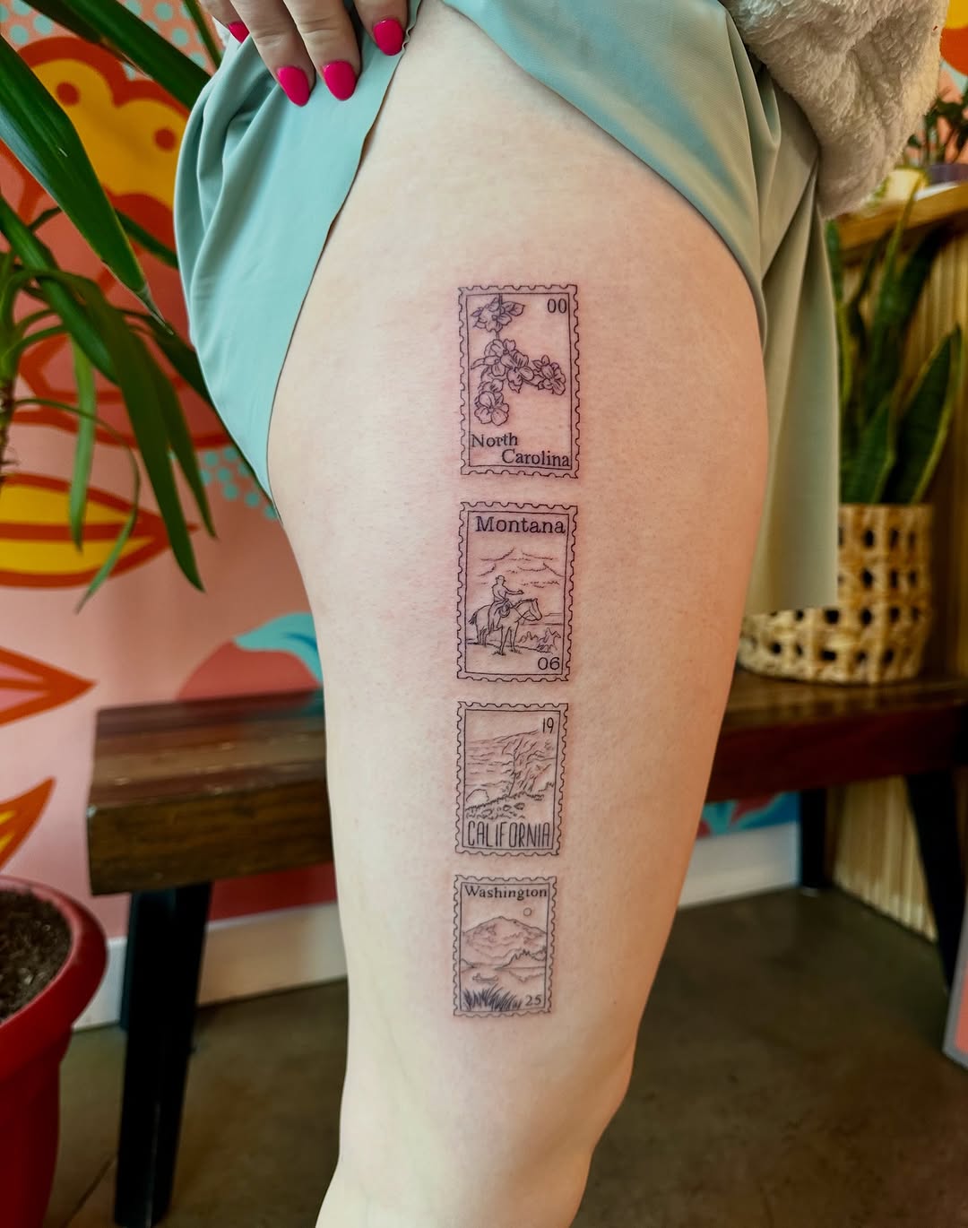 Four vintage-stamp line drawings in vertical strip.