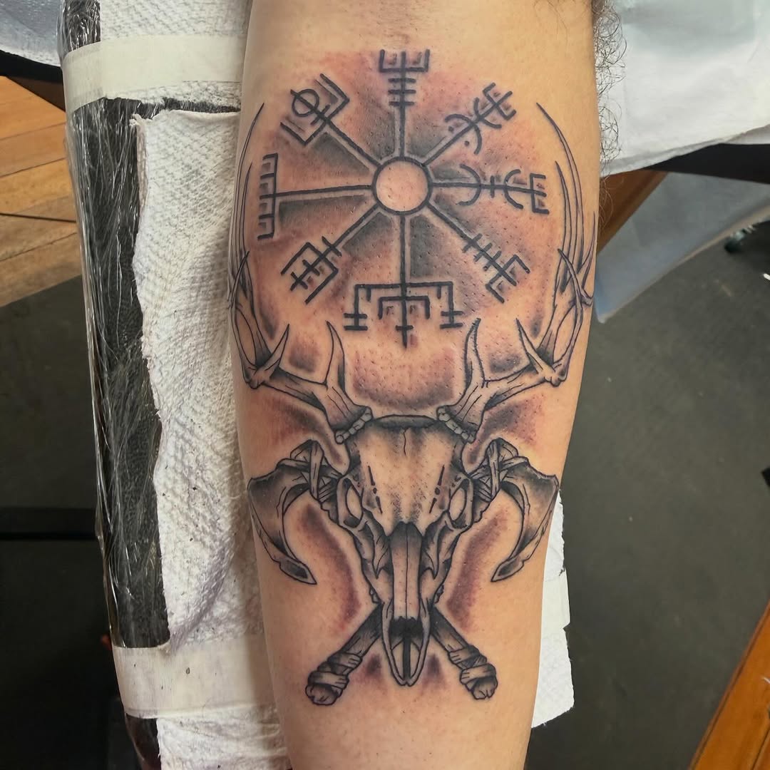 Nordic stag skull with circular Vegvisir-inspired sigils