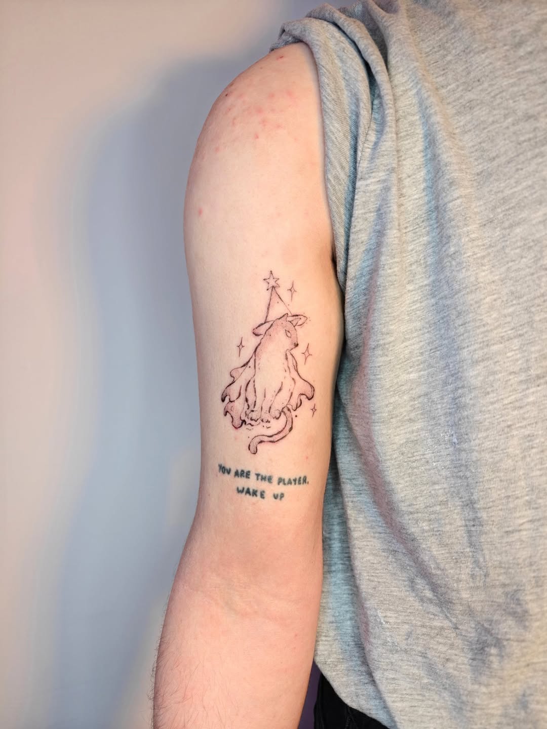 Whimsical wizard-cat in fine-line, starry scene.