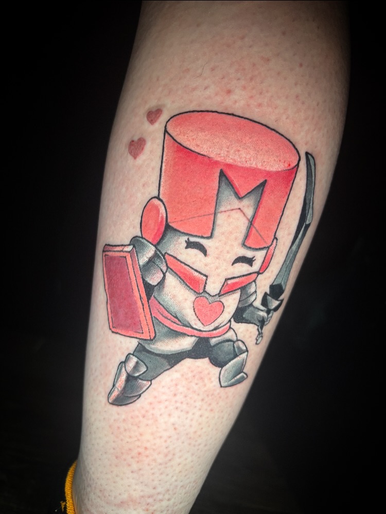 Playful Castle Crashers knight in bold red cartoon style
