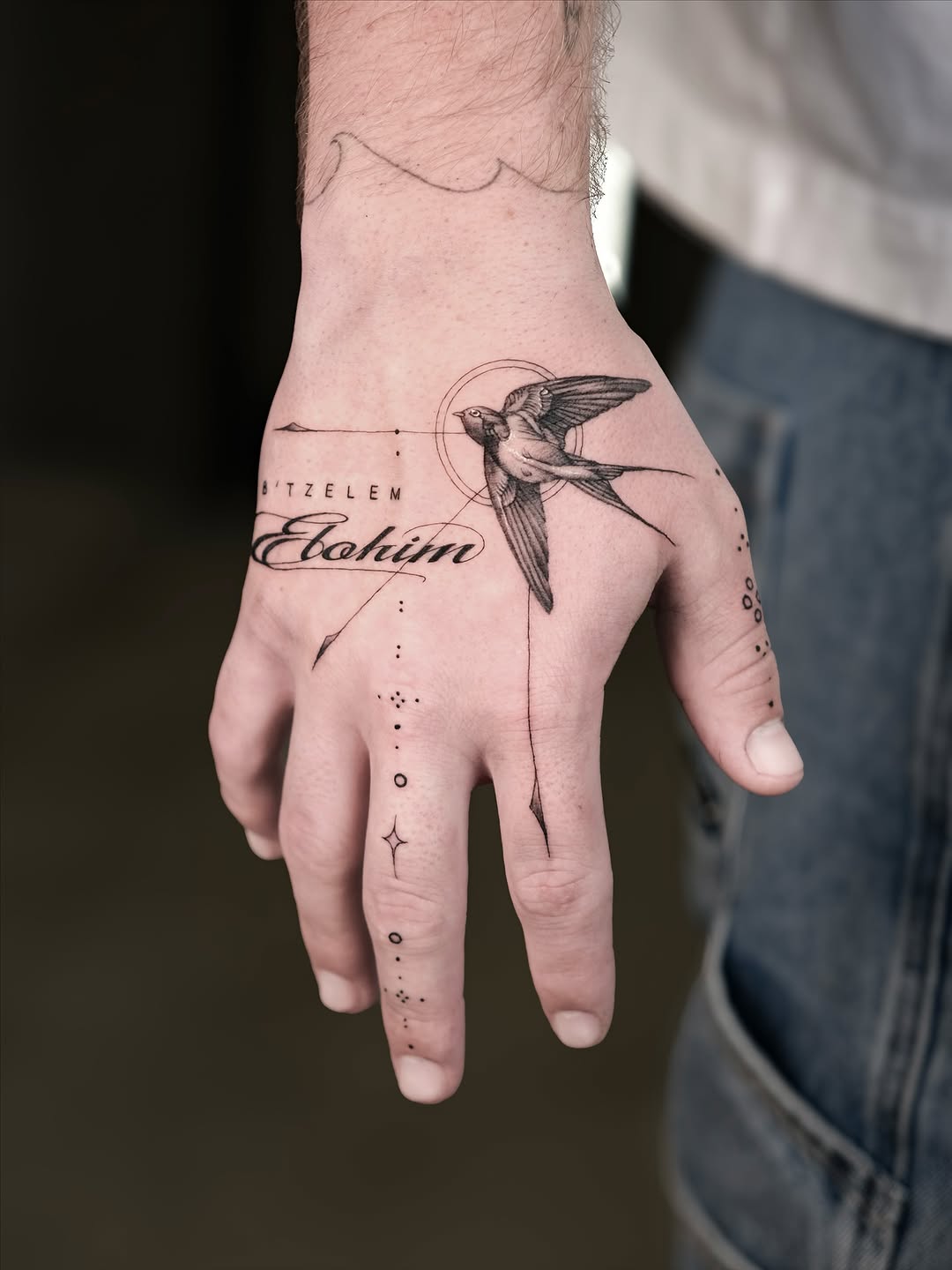 Hand tattoo with bird design