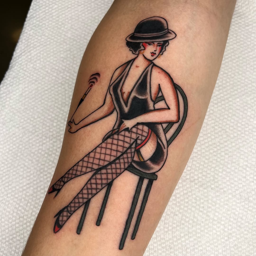 Neo-traditional cabaret dancer with fishnet stockings