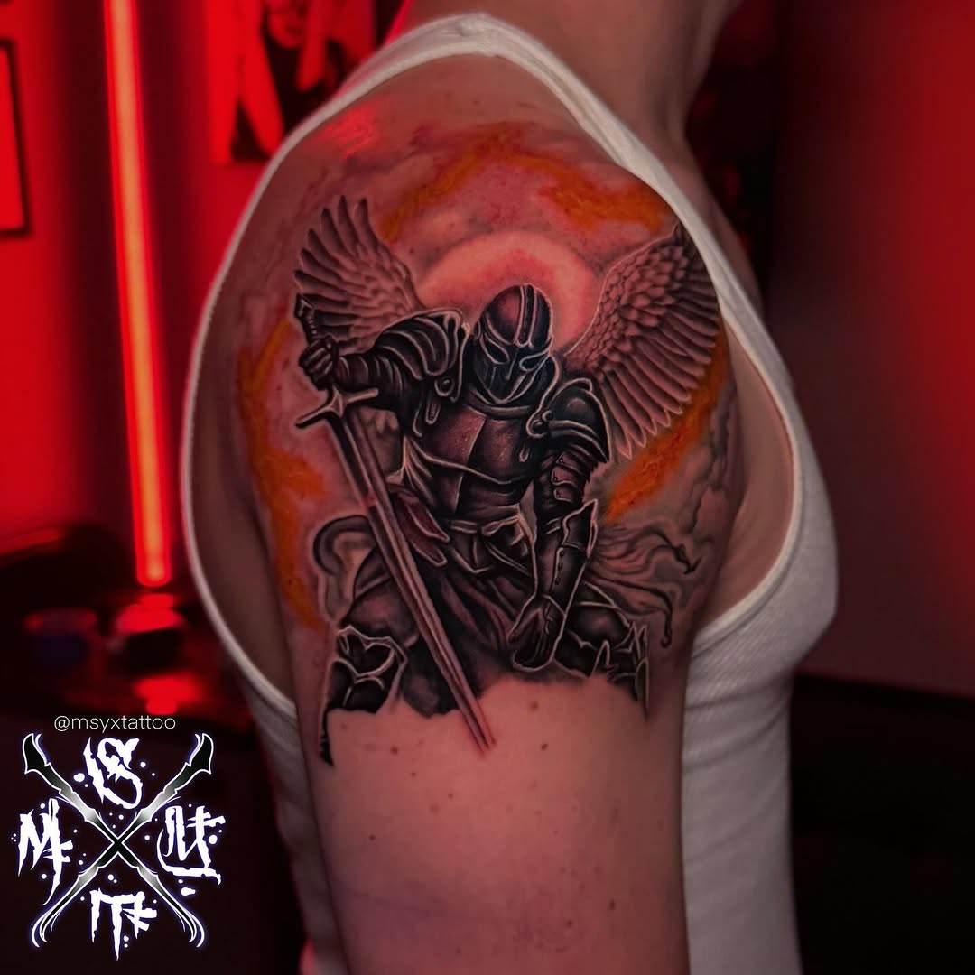 Winged armored knight with sword, bold blackwork