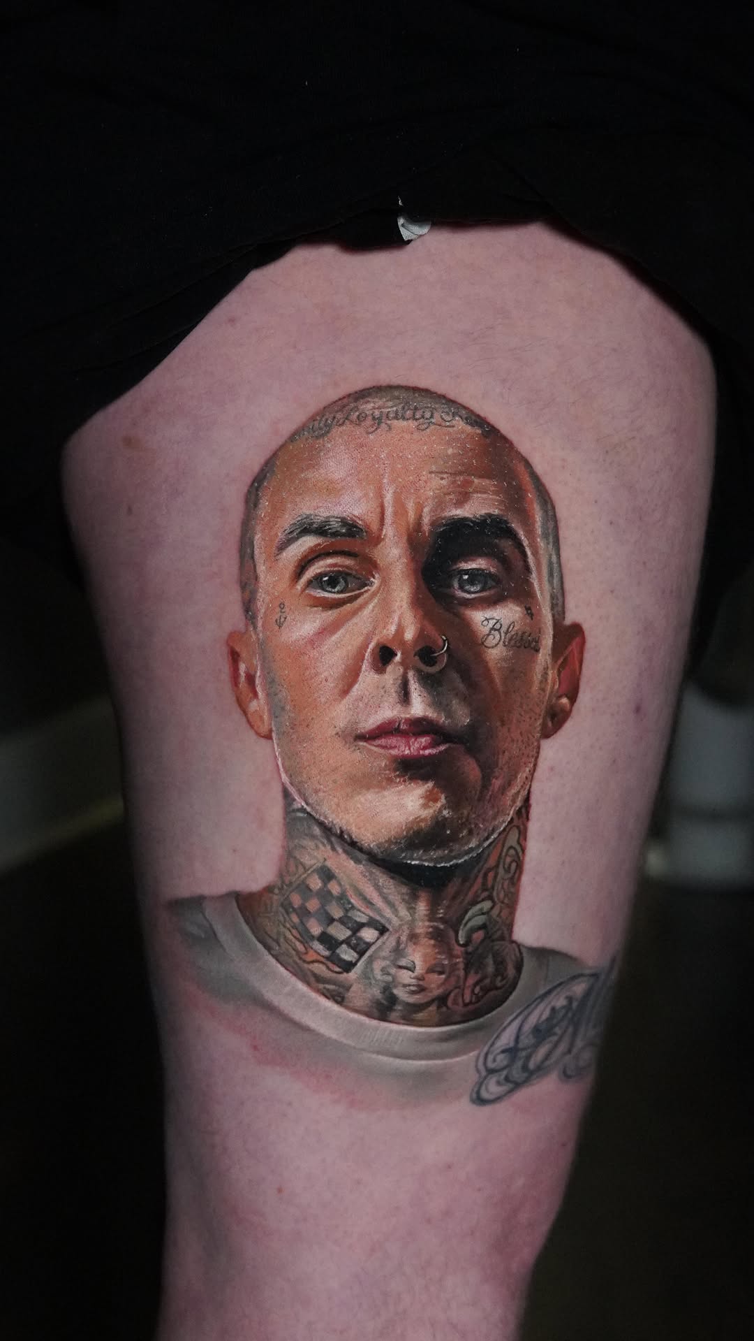 Hyper-realistic portrait with vivid skin tones and neck tattoos