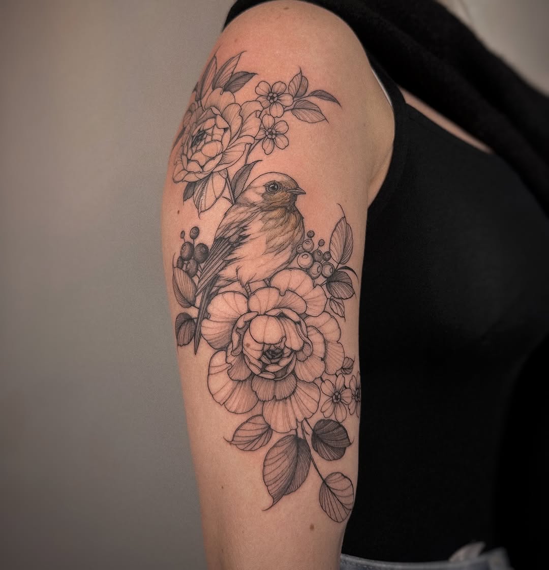 Intricate black-line floral bouquet with a perched robin.