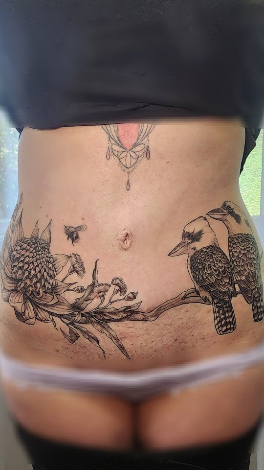 Elegant black-and-gray botanical scene with kookaburras and protea.