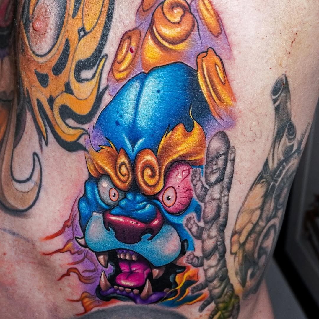 Vibrant cartoon demon with blue skin and fiery mane