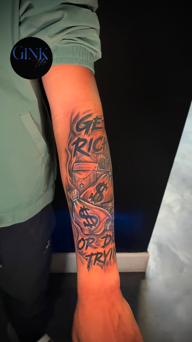 Bold black-and-gray, graffiti-inspired text tattoo with money motif.