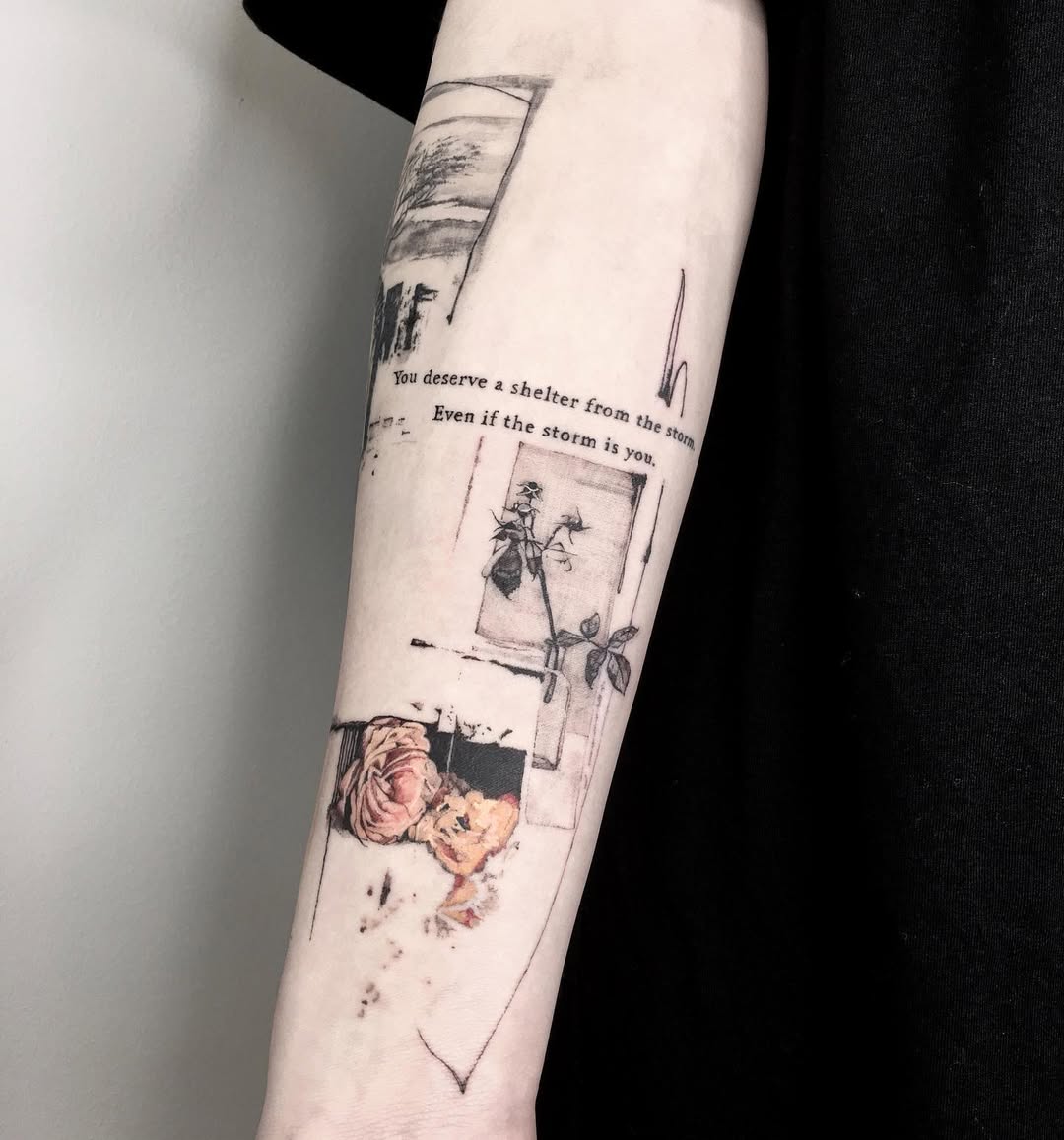 Delicate blackwork text with watercolor roses on forearm.