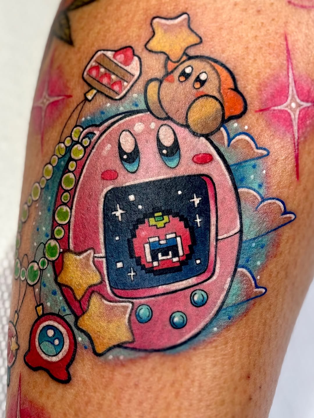 Bold cartoon Kirby-Tamagotchi mashup with bright pastel colors