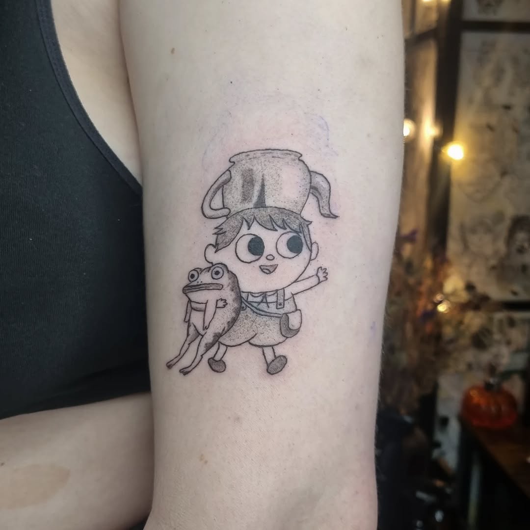 Playful Otgw-inspired kid with frog, clean linework.