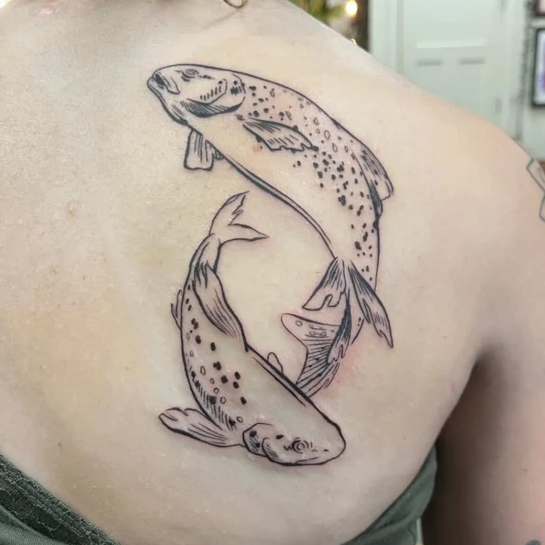 Two trout swirl in bold linework with subtle shading
