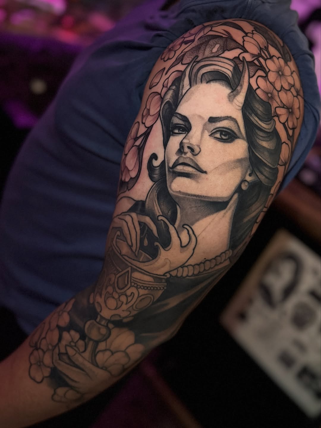 Black and gray lady head tattoo