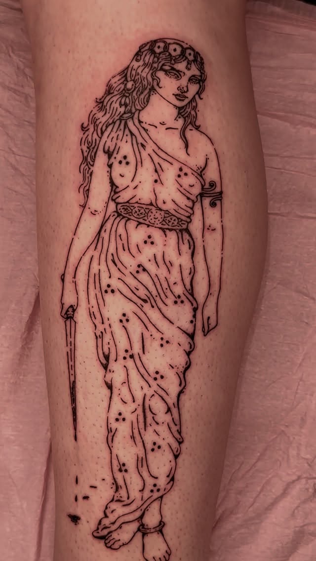 Statuesque Grecian maiden in flowing robe, bold linework