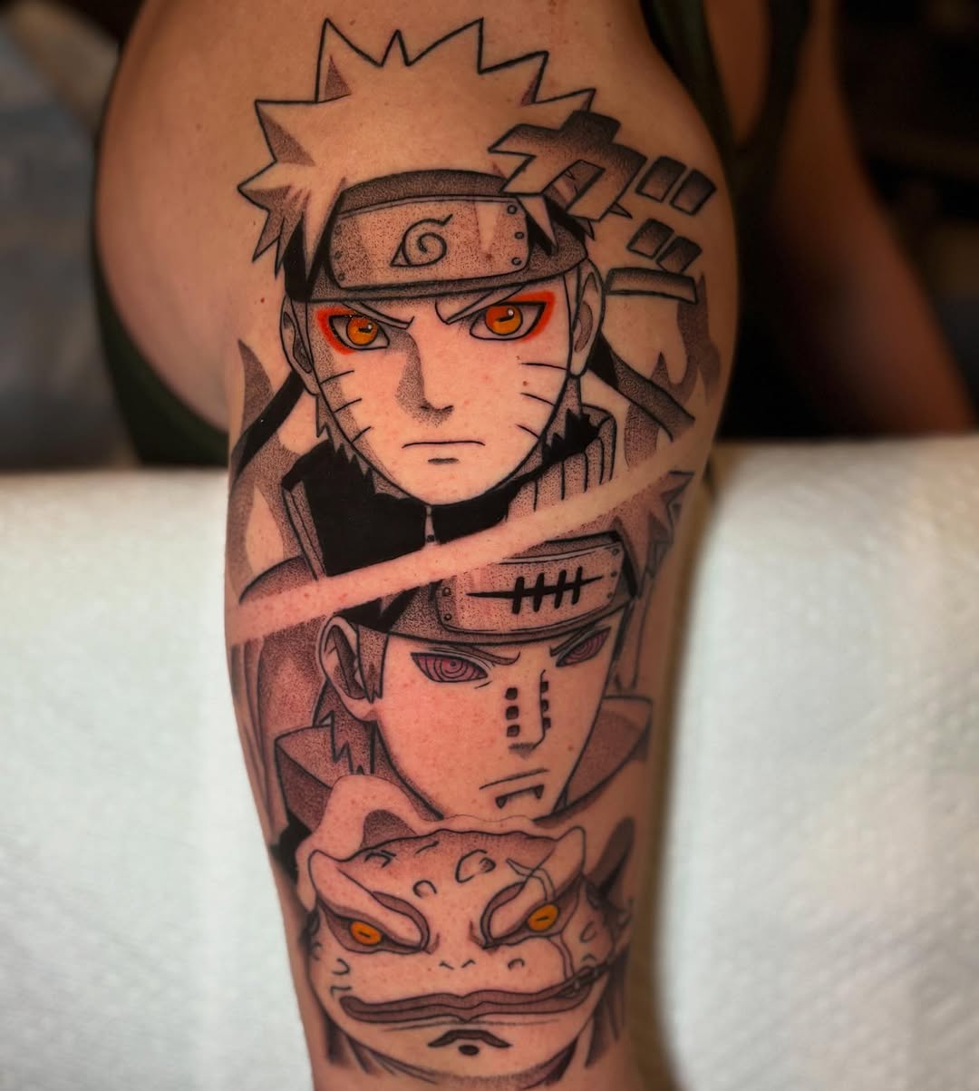 Stacked Naruto portraits with bold linework and toad