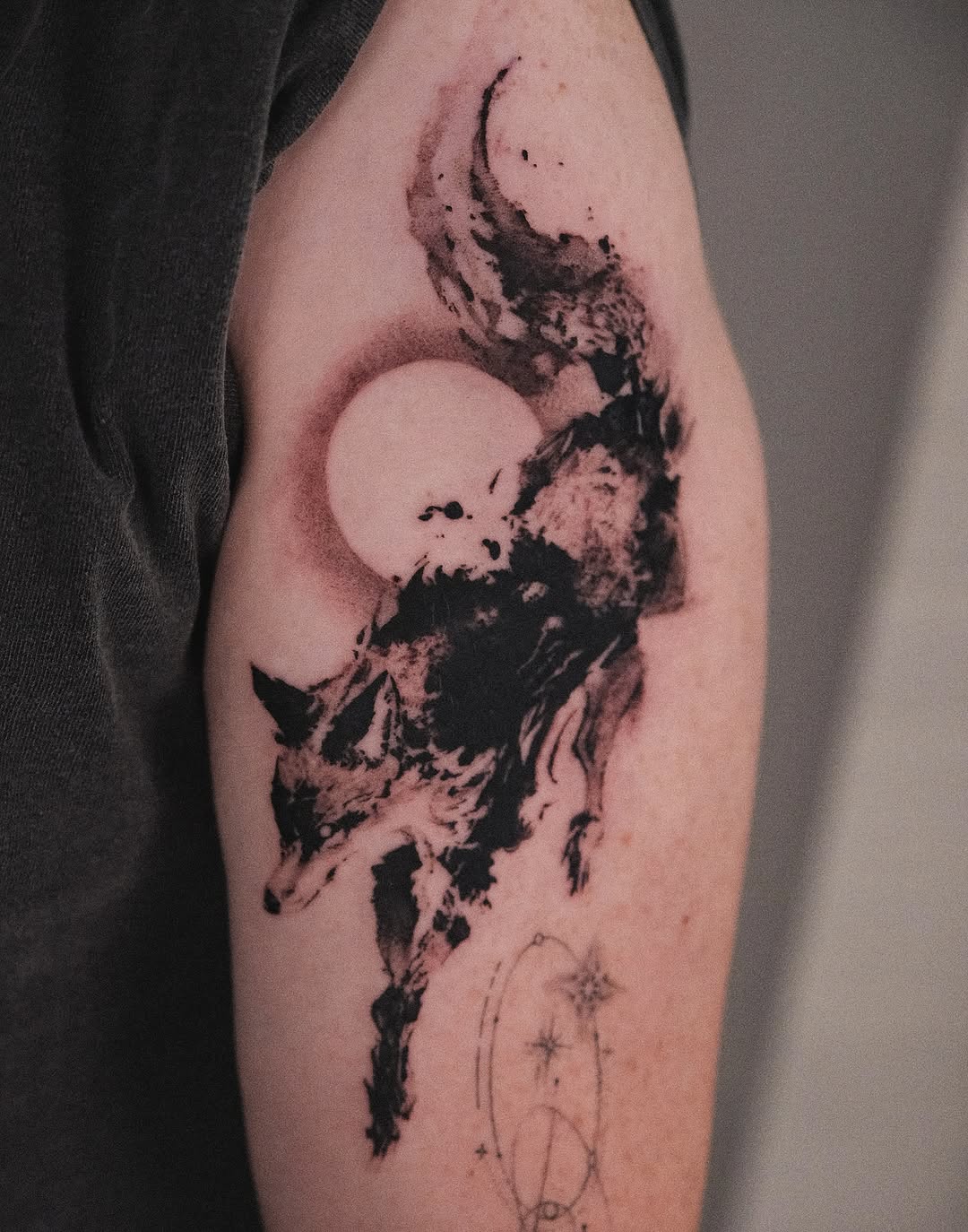 Abstract blackwork fox and moon with negative circle