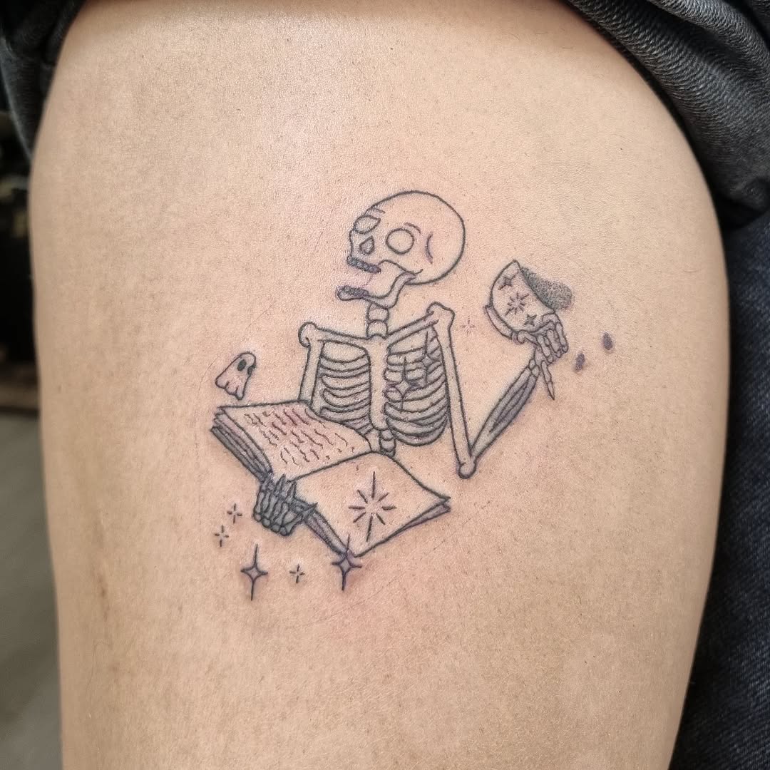 Playful skeleton reading a starry book, tiny ghost nearby
