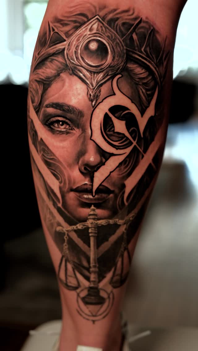 Hyper-detailed grayscale female warrior portrait with scales of justice