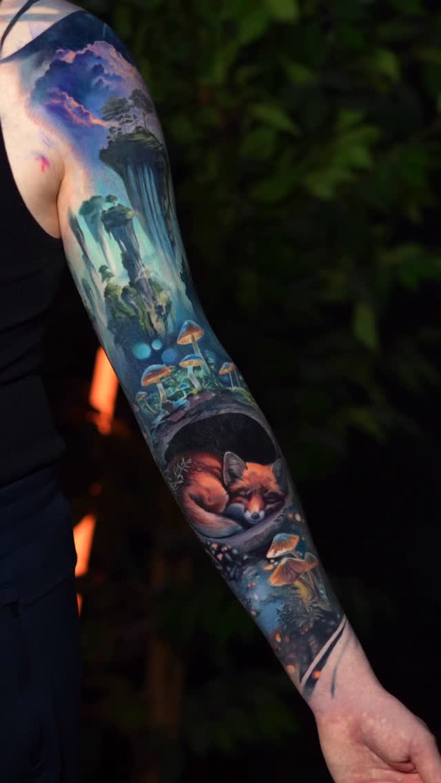 Vibrant watercolor forest dreamscape with fox and mushrooms