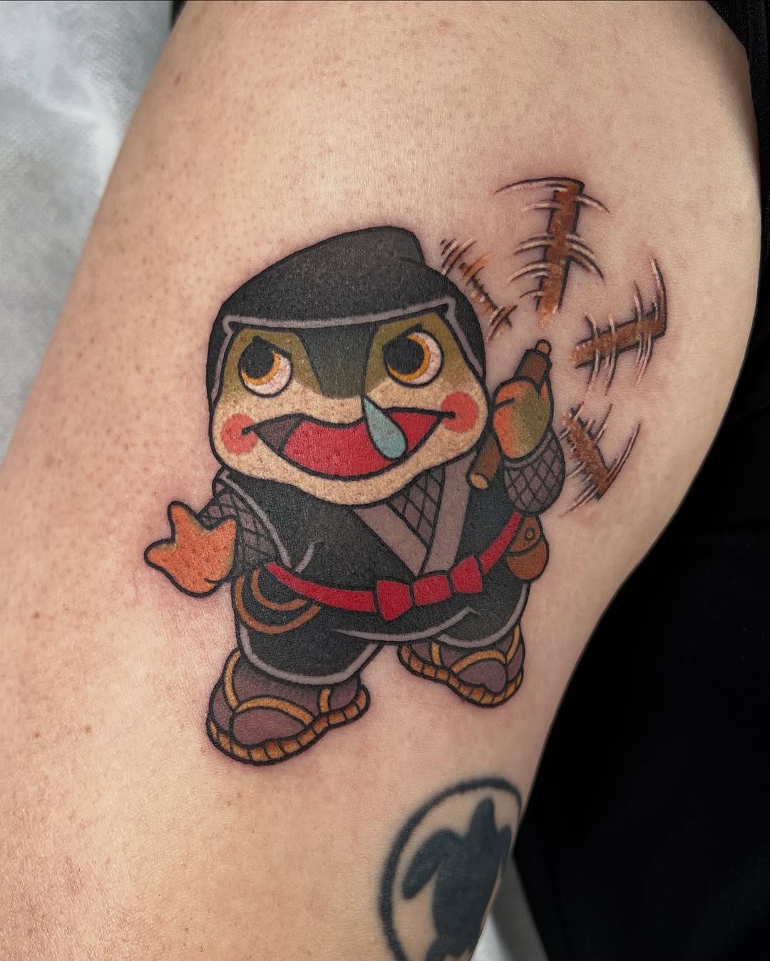 Chibi ninja mascot with bold colors and motion lines