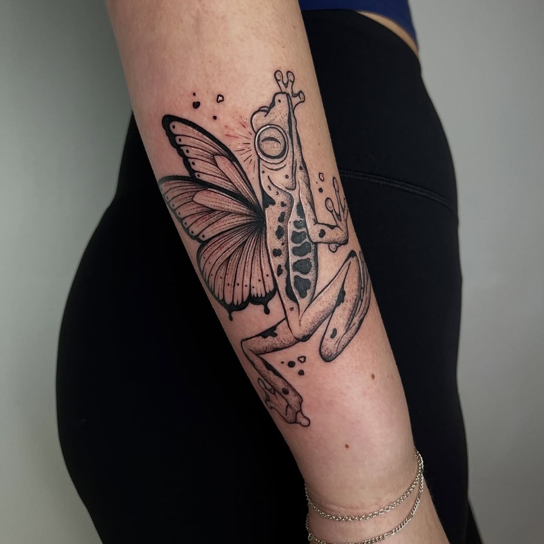 Surreal frog with butterfly wings, bold linework.