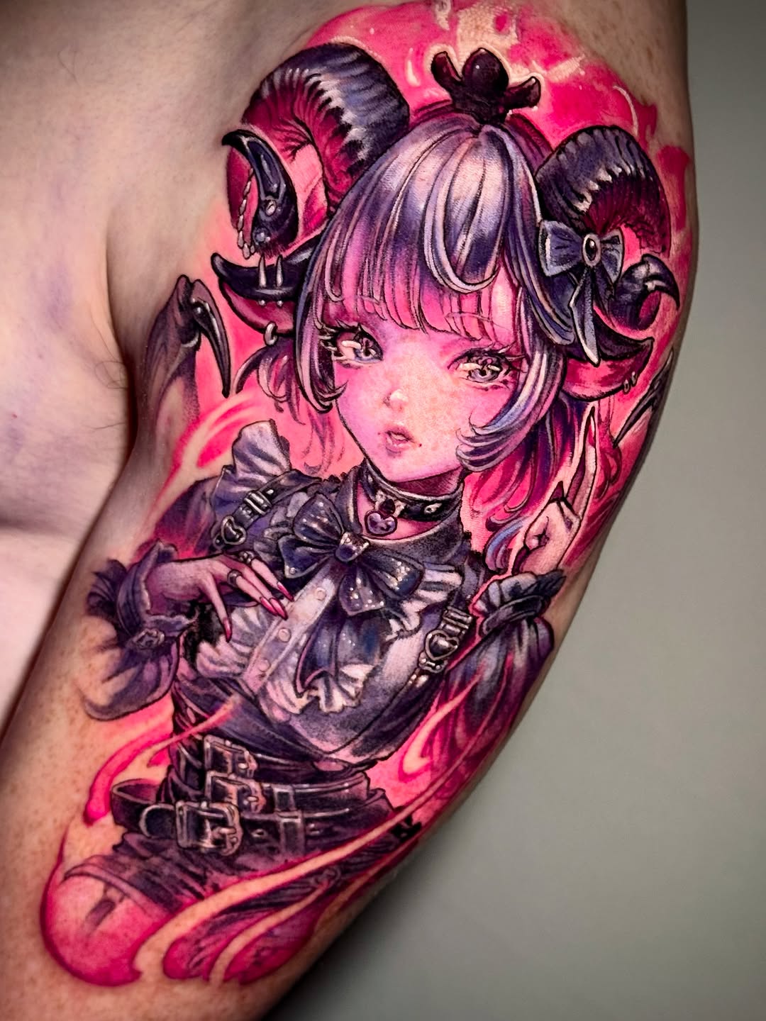 Vivid anime-demon maiden with ram horns and corset.