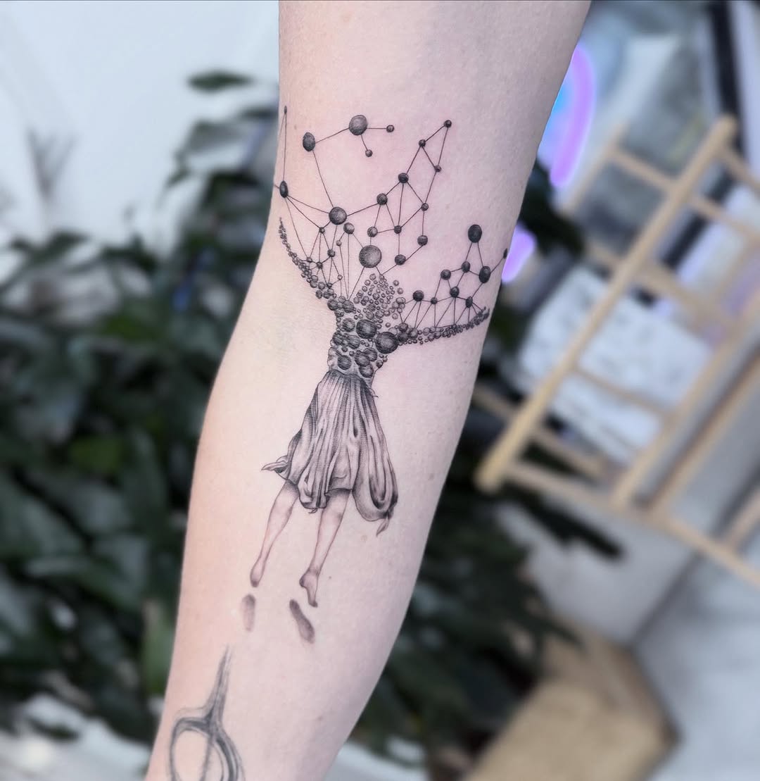 Whimsical dancer dissolving into a constellation of dots