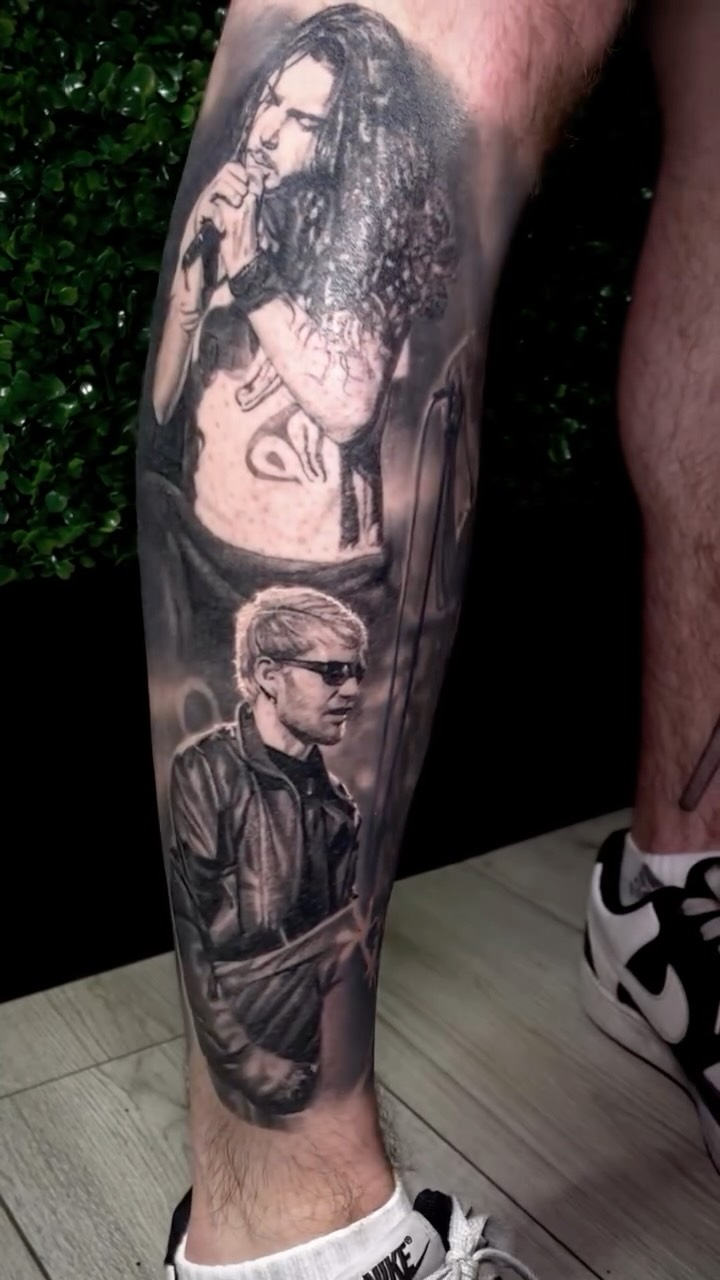 Hyper-real grayscale leg portrait of iconic grunge legends