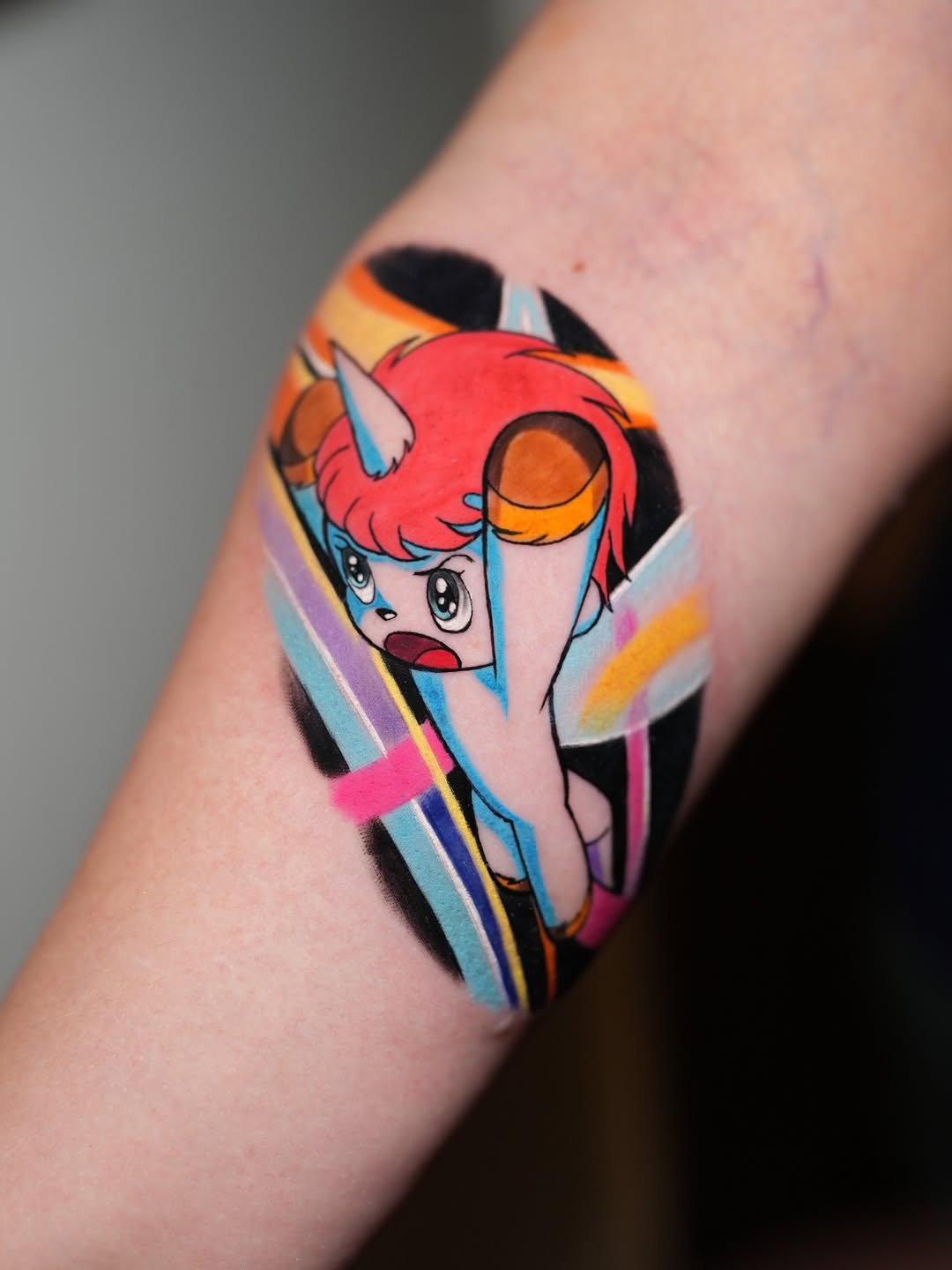 Vibrant neo-traditional cartoon unicorn with neon geometric background.