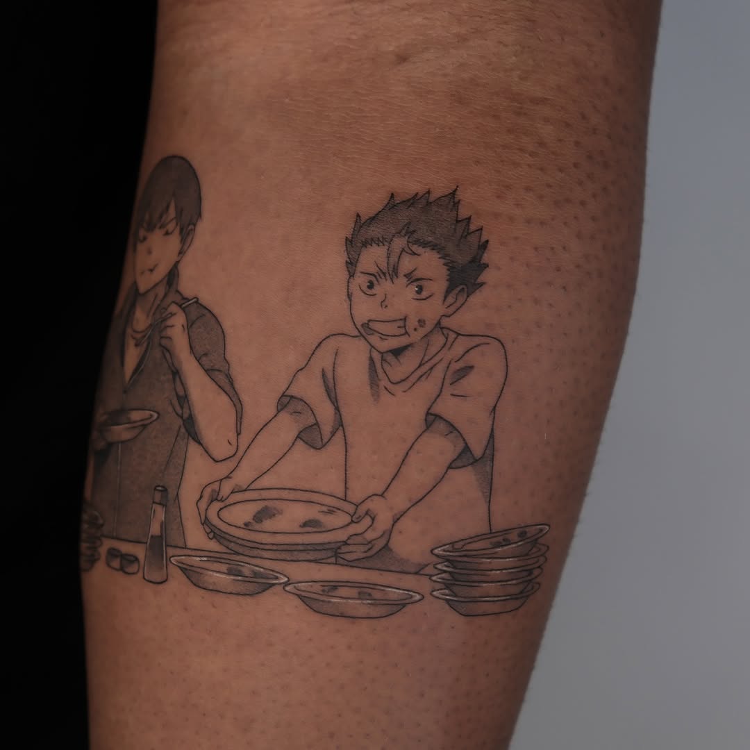 Minimalist line-art of Nishinoya and Kageyama at dinner.