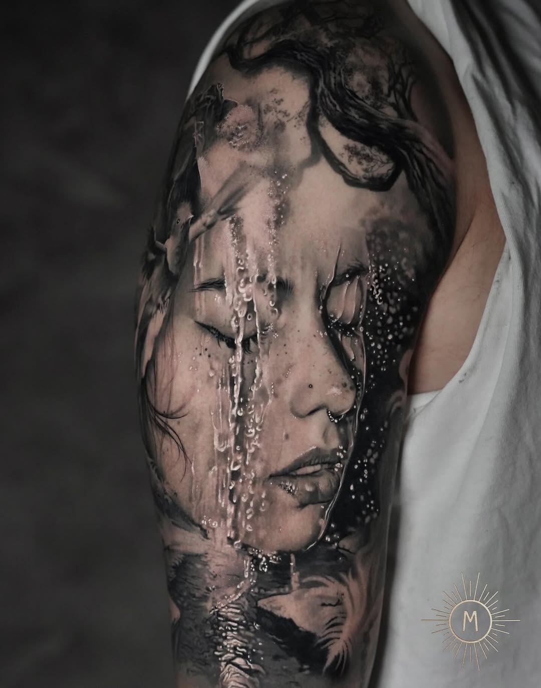 Hyper-realistic grayscale portrait with cascading water droplets