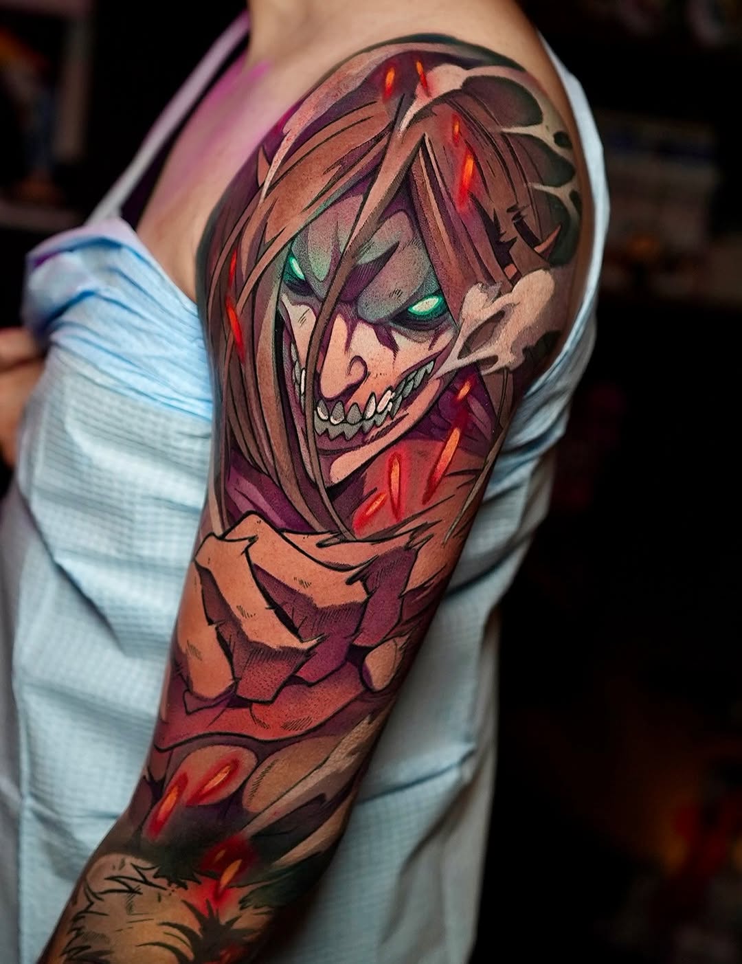 Vibrant Attack on Titan-inspired titan with fierce, neon shading