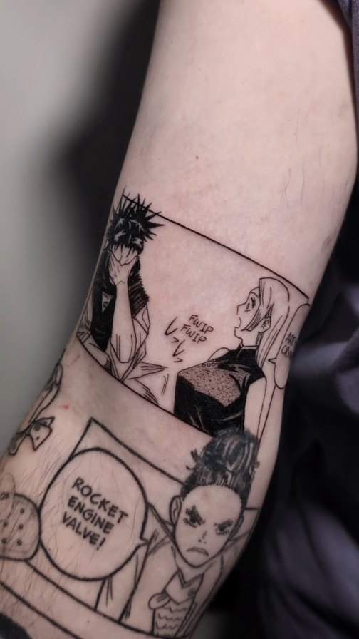 Bold manga-panel tattoo with JJK characters on forearm