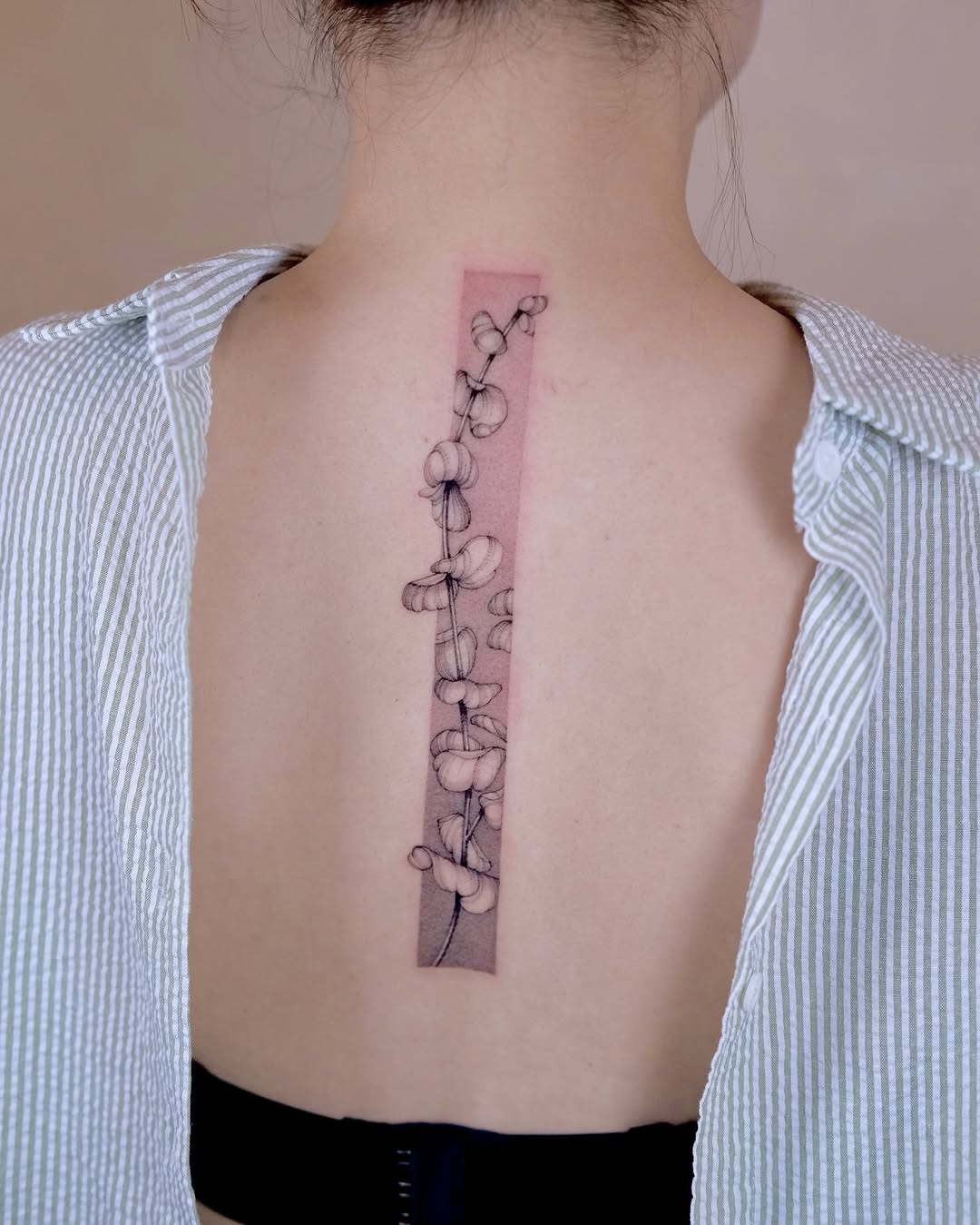 Elegant vertical botanical vine with soft pink background.