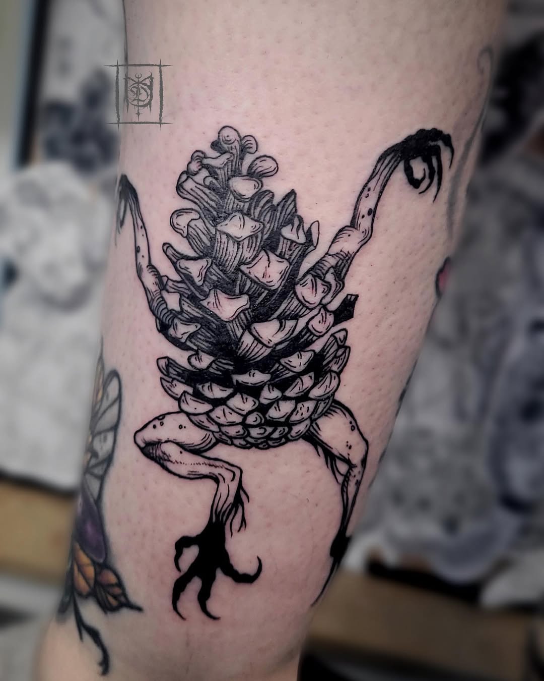 Pinecone creature with clawed legs, bold linework