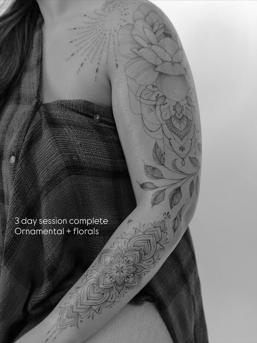 Intricate ornamental floral sleeve with fine-line mandala accents