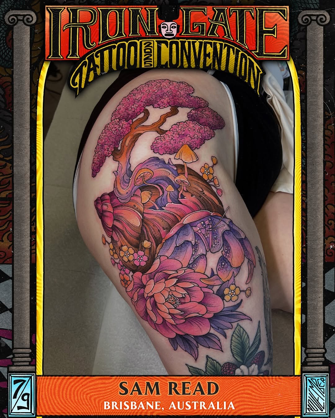 Vibrant neo-traditional floral landscape with pink blossoms