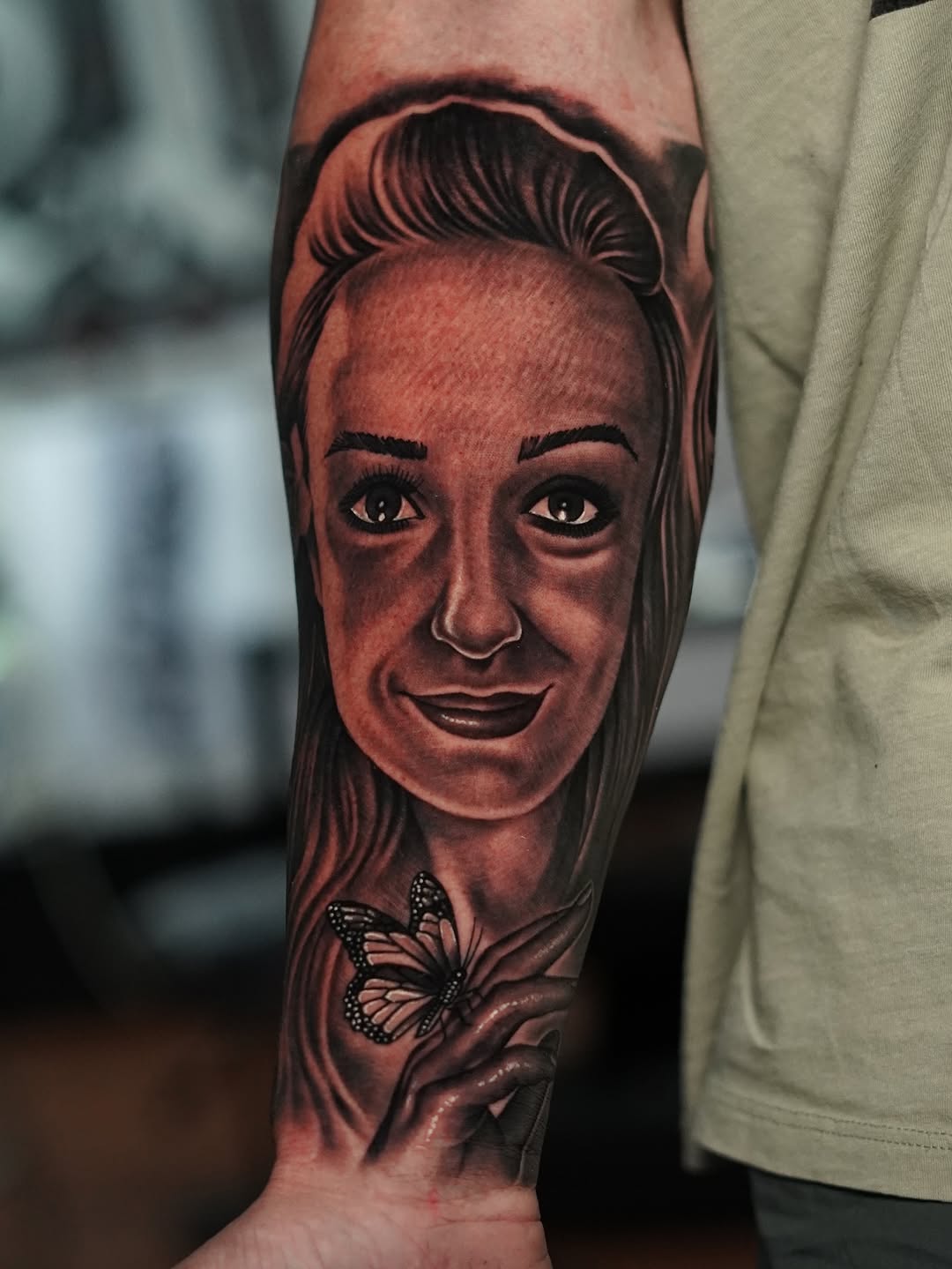 Hyper-detailed grayscale portrait with delicate butterfly accent