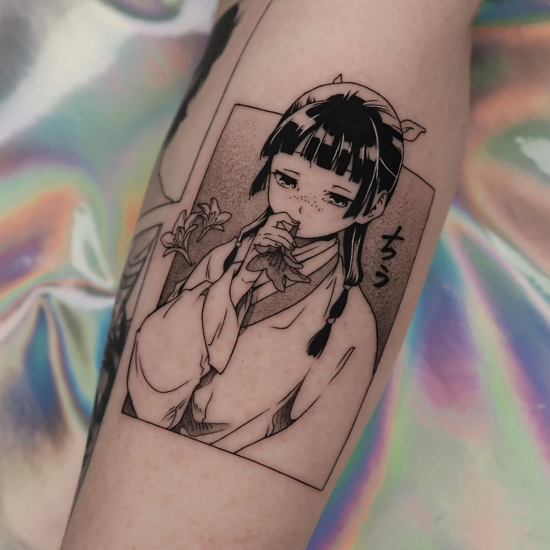 Maomao-inspired chibi portrait in crisp black linework