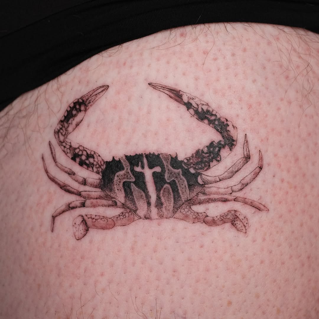 Fine-line blackwork crab in scientific illustration style.