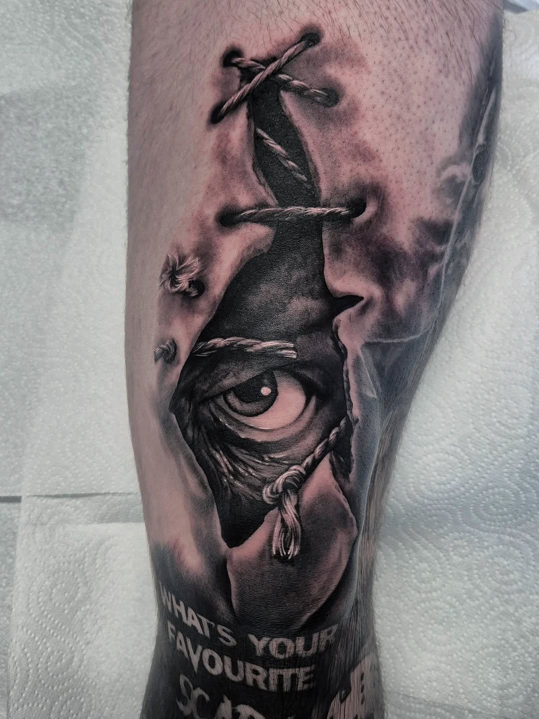 Hyper-realistic horror portrait: rope-bound hood with exposed eye