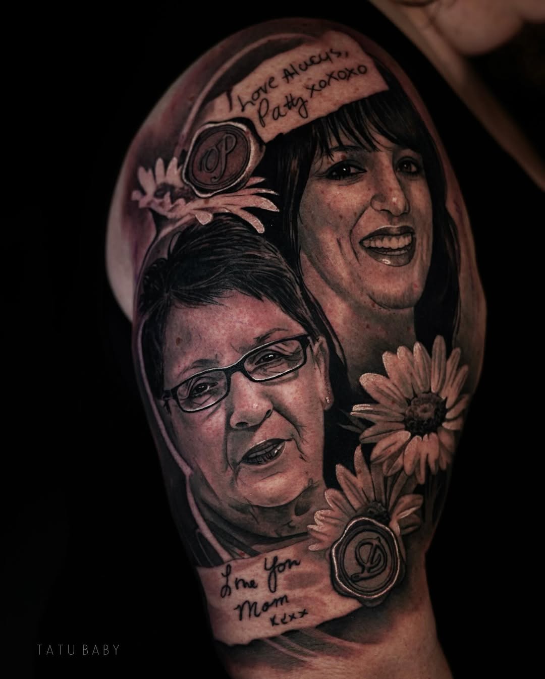 Two grayscale female portraits with sunflowers, memorial tribute