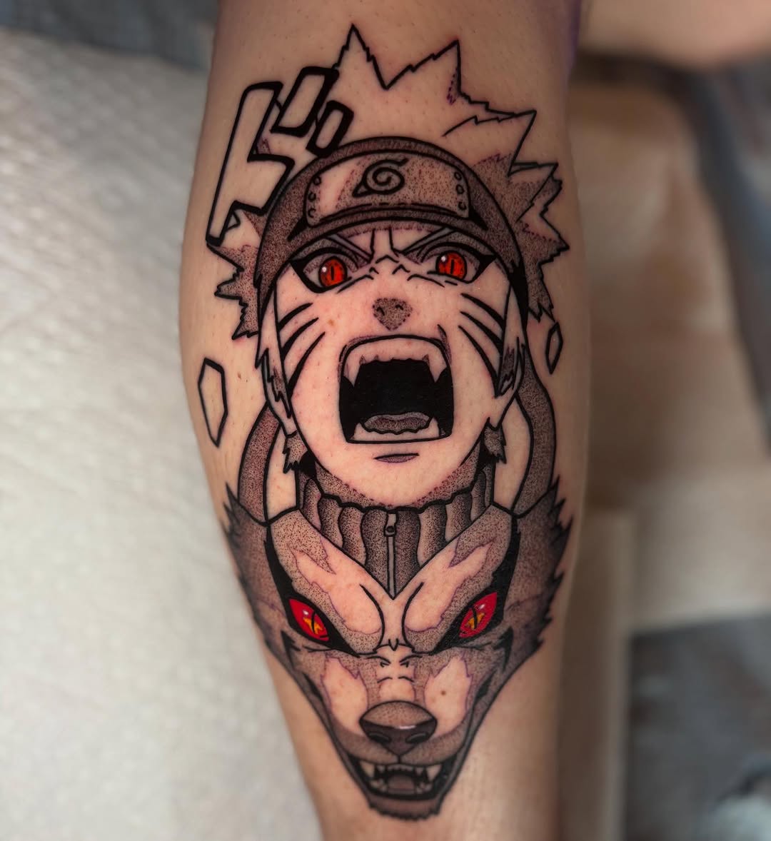 Dynamic Naruto and Kurama duo-head tattoo with bold outlines
