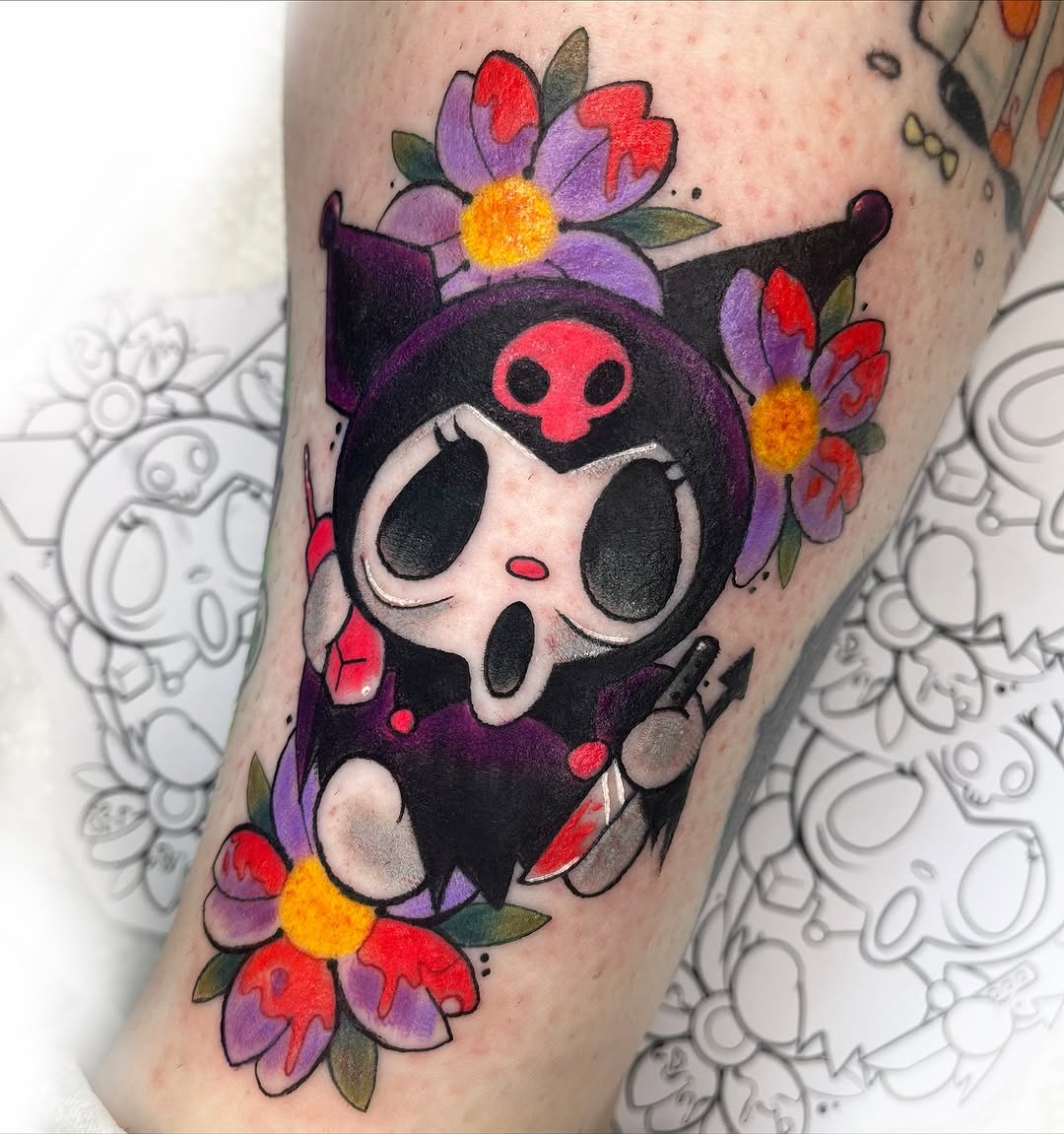 Whimsical Kuromi skull with vivid florals, bold lines