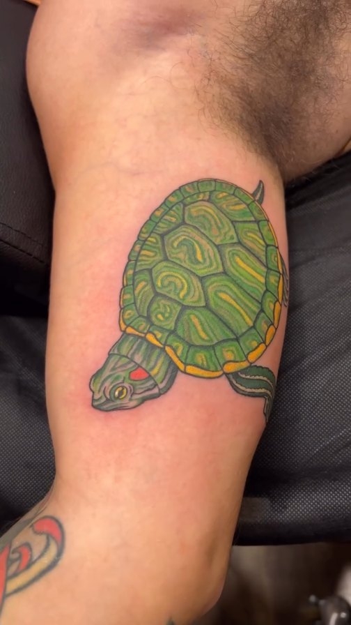Colorful turtle tattoo with green shell and bold outlines